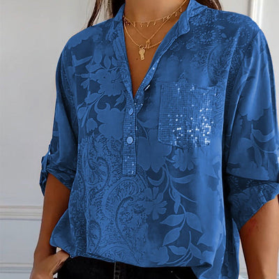 Women's Casual Lapel Printed Top With Adjustable Sleeves Stylish Design