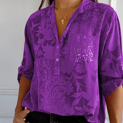 Women's Casual Lapel Printed Top With Adjustable Sleeves Stylish Design