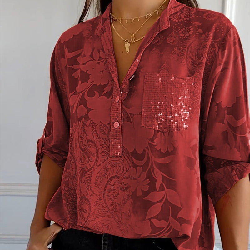 Women's Casual Lapel Printed Top With Adjustable Sleeves Stylish Design