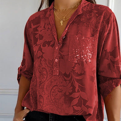 Women's Casual Lapel Printed Top With Adjustable Sleeves Stylish Design
