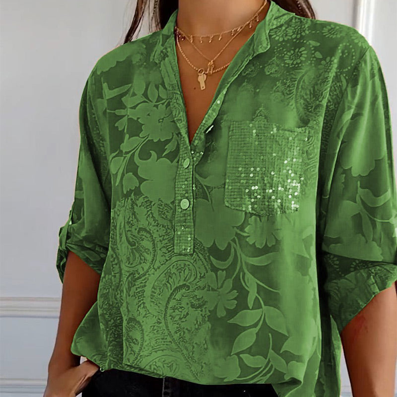 Women's Casual Lapel Printed Top With Adjustable Sleeves Stylish Design