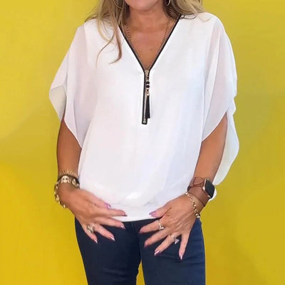 Women's Chiffon Casual Top Zip-Up Neck Lightweight Blouse