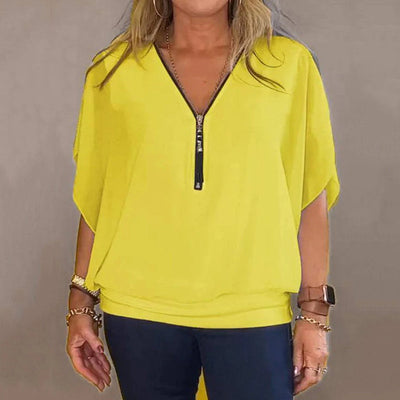 Women's Chiffon Casual Top Zip-Up Neck Lightweight Blouse