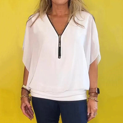 Women's Chiffon Casual Top Zip-Up Neck Lightweight Blouse