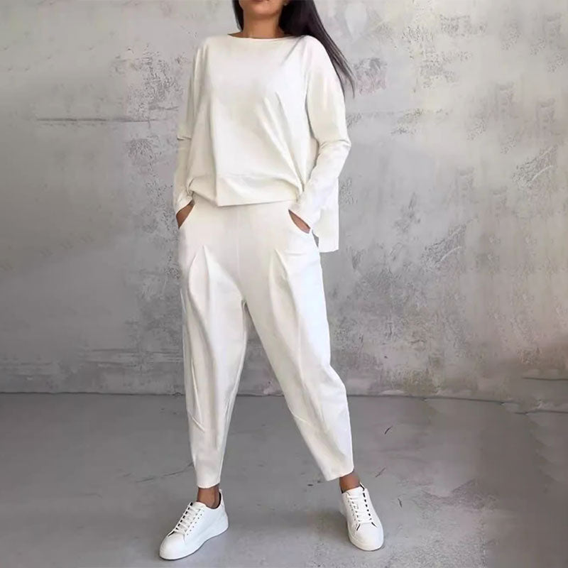 Round-Neck Long Sleeve 2-Piece Loungewear Set For Women