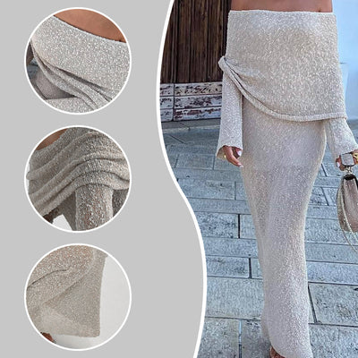 Open Shoulder Knit Bodycon Dress Long Sleeve Elegant Fit