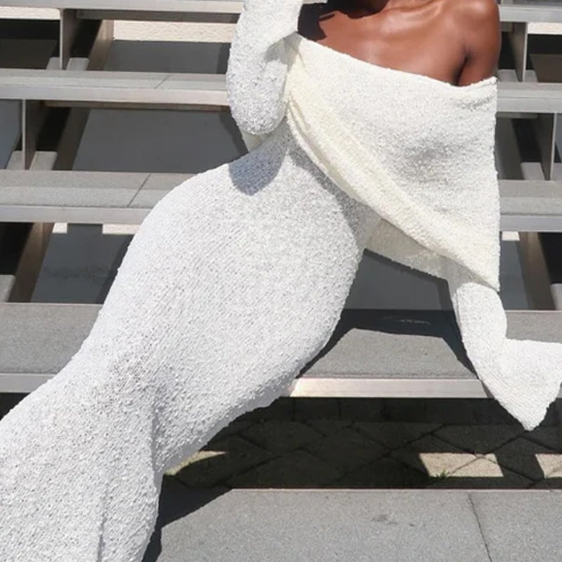 Open Shoulder Knit Bodycon Dress Long Sleeve Elegant Fit