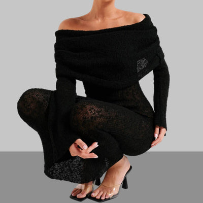 Open Shoulder Knit Bodycon Dress Long Sleeve Elegant Fit