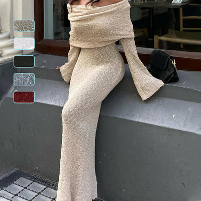 Open Shoulder Knit Bodycon Dress Long Sleeve Elegant Fit