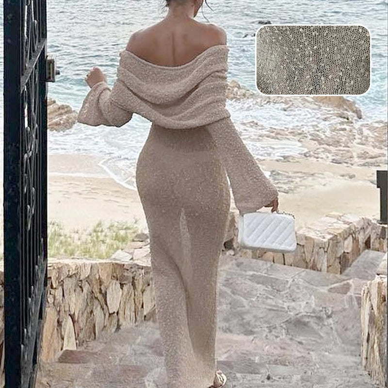 Open Shoulder Knit Bodycon Dress Long Sleeve Elegant Fit