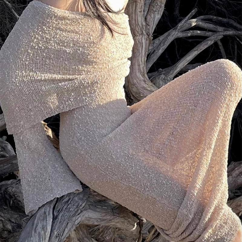 Open Shoulder Knit Bodycon Dress Long Sleeve Elegant Fit