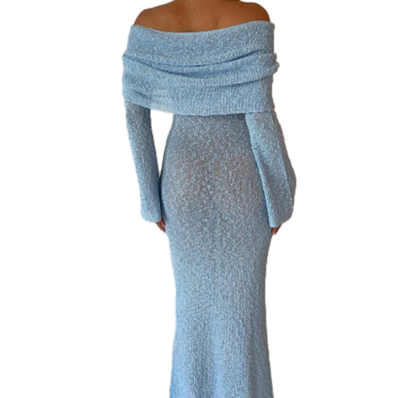 Open Shoulder Knit Bodycon Dress Long Sleeve Elegant Fit