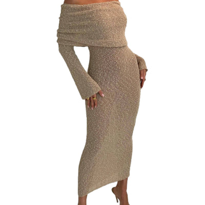 Open Shoulder Knit Bodycon Dress Long Sleeve Elegant Fit