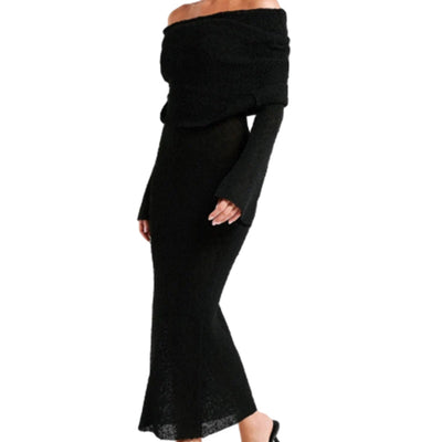 Open Shoulder Knit Bodycon Dress Long Sleeve Elegant Fit