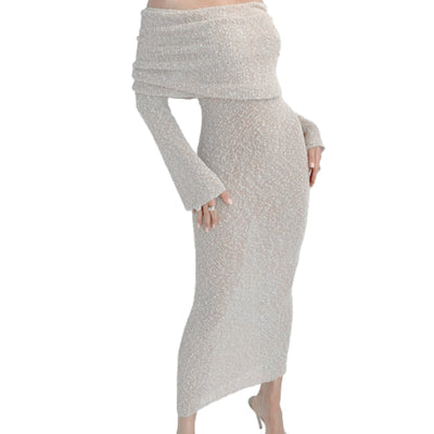 Open Shoulder Knit Bodycon Dress Long Sleeve Elegant Fit