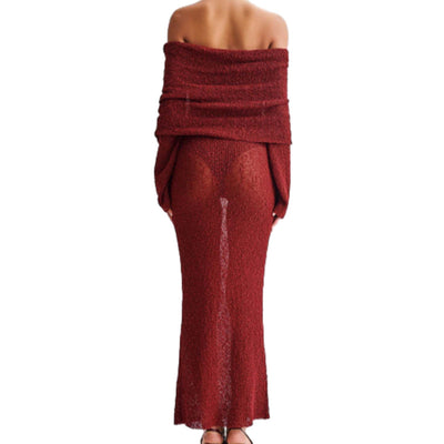 Open Shoulder Knit Bodycon Dress Long Sleeve Elegant Fit