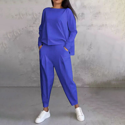 Round-Neck Women's Two-Piece Lounge Set Long Sleeve Top Pants