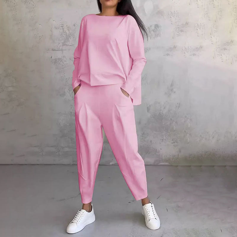Round-Neck Women's Two-Piece Lounge Set Long Sleeve Top Pants