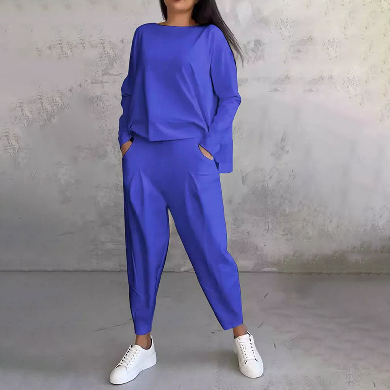 Round-Neck Women's Two-Piece Lounge Set Long Sleeve Top Pants