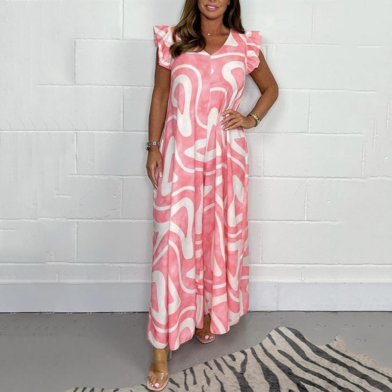 Women's Wide-Leg Jumpsuit With Ruffles And Geometric Prints