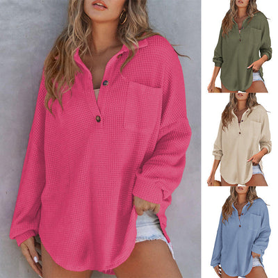 Women’s Loose Solid Color Comfortable Waffle Knit Shirt