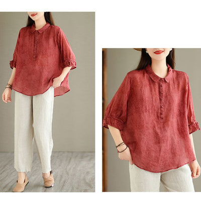 Cotton Linen Blouse Women Slimming Flattering Jacquard Design