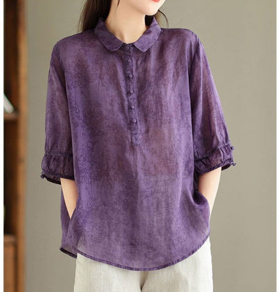 Cotton Linen Blouse Women Slimming Flattering Jacquard Design