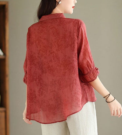 Cotton Linen Blouse Women Slimming Flattering Jacquard Design