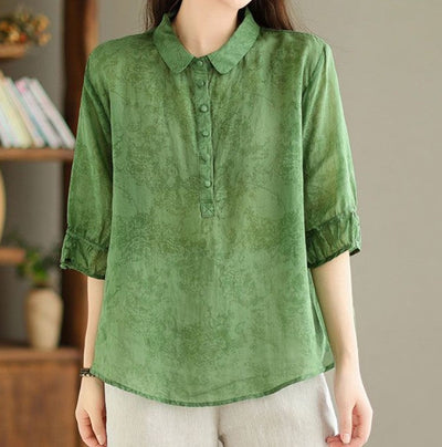 Cotton Linen Blouse Women Slimming Flattering Jacquard Design