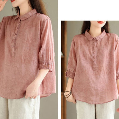 Cotton Linen Blouse Women Slimming Flattering Jacquard Design