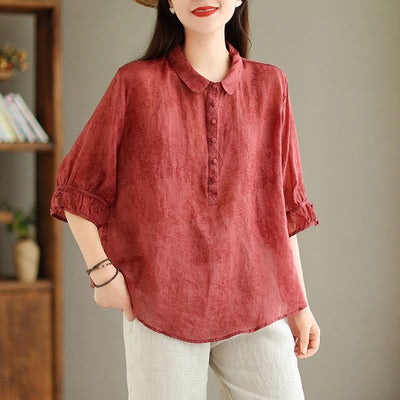 Cotton Linen Blouse Women Slimming Flattering Jacquard Design