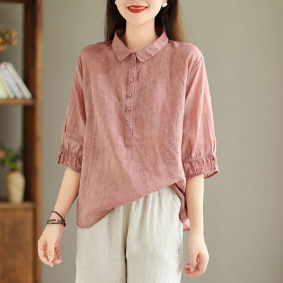 Cotton Linen Blouse Women Slimming Flattering Jacquard Design
