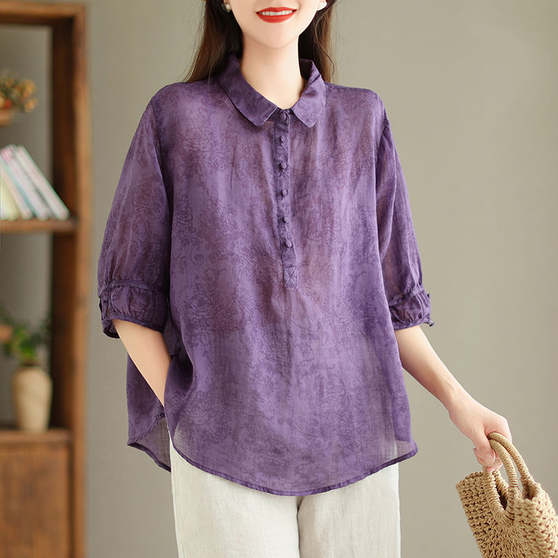Cotton Linen Blouse Women Slimming Flattering Jacquard Design