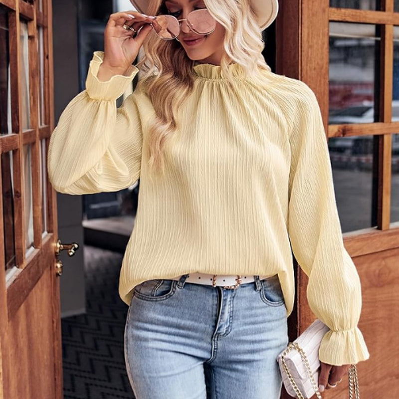 Women's Jacquard Long Sleeve Top With Autumn Ruffle Detail