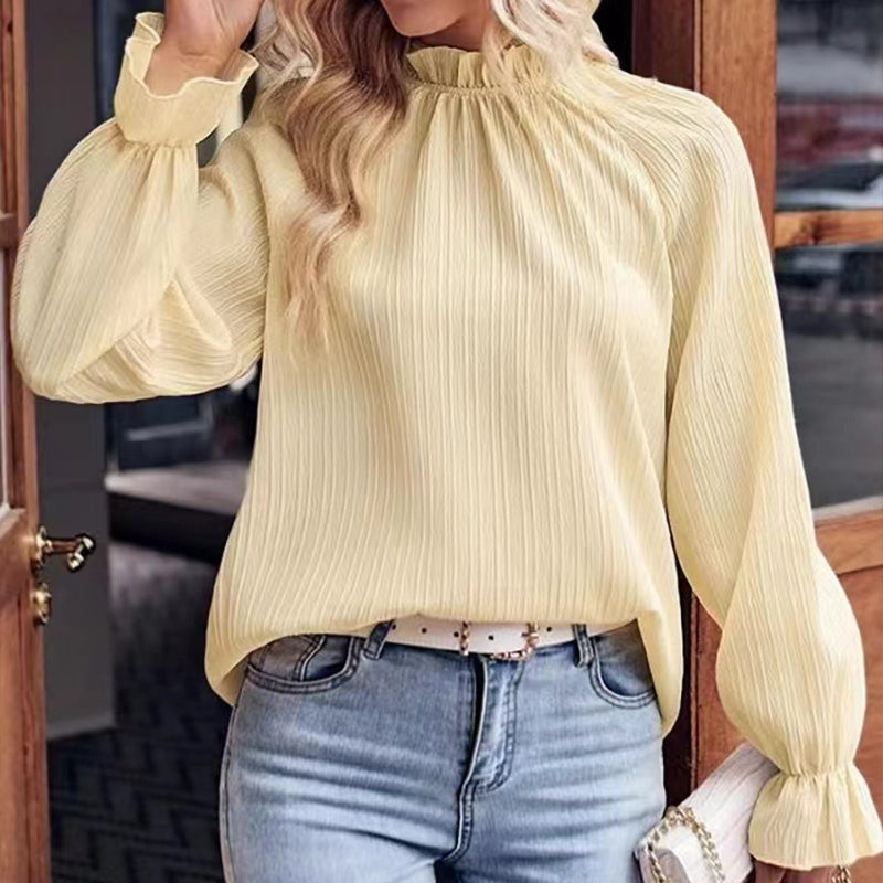 Women's Jacquard Long Sleeve Top With Autumn Ruffle Detail