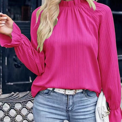 Women's Jacquard Long Sleeve Top With Autumn Ruffle Detail