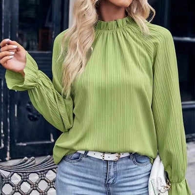 Women's Jacquard Long Sleeve Top With Autumn Ruffle Detail