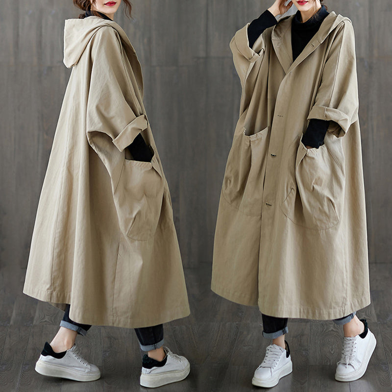 Oversized Hooded Trench Coat With Large Pockets Long Design