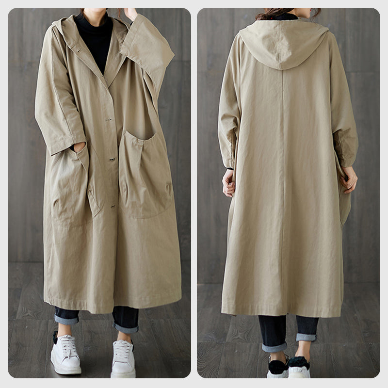 Oversized Hooded Trench Coat With Large Pockets Long Design