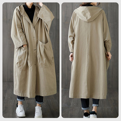 Oversized Hooded Trench Coat With Large Pockets Long Design