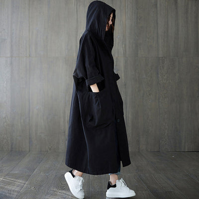 Oversized Hooded Trench Coat With Large Pockets Long Design