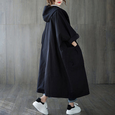 Oversized Hooded Trench Coat With Large Pockets Long Design