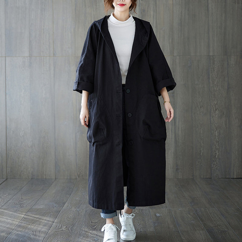 Oversized Hooded Trench Coat With Large Pockets Long Design