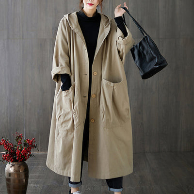 Oversized Hooded Trench Coat With Large Pockets Long Design