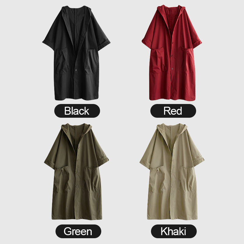 Oversized Hooded Trench Coat With Large Pockets Long Design