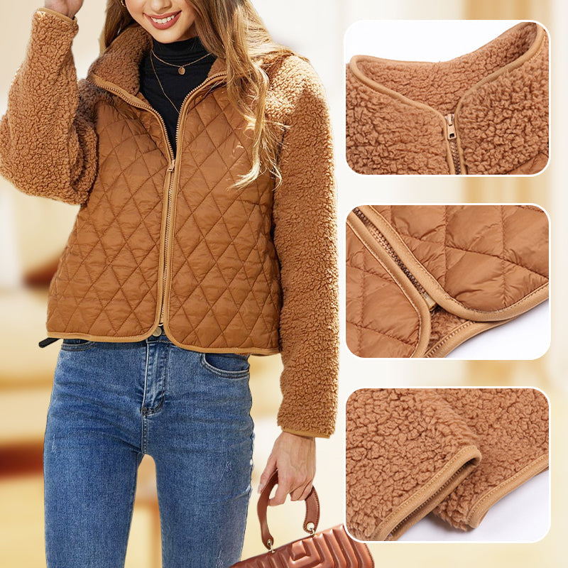 Plaid Jacket Women Embossed Plush Patchwork Stylish Outerwear