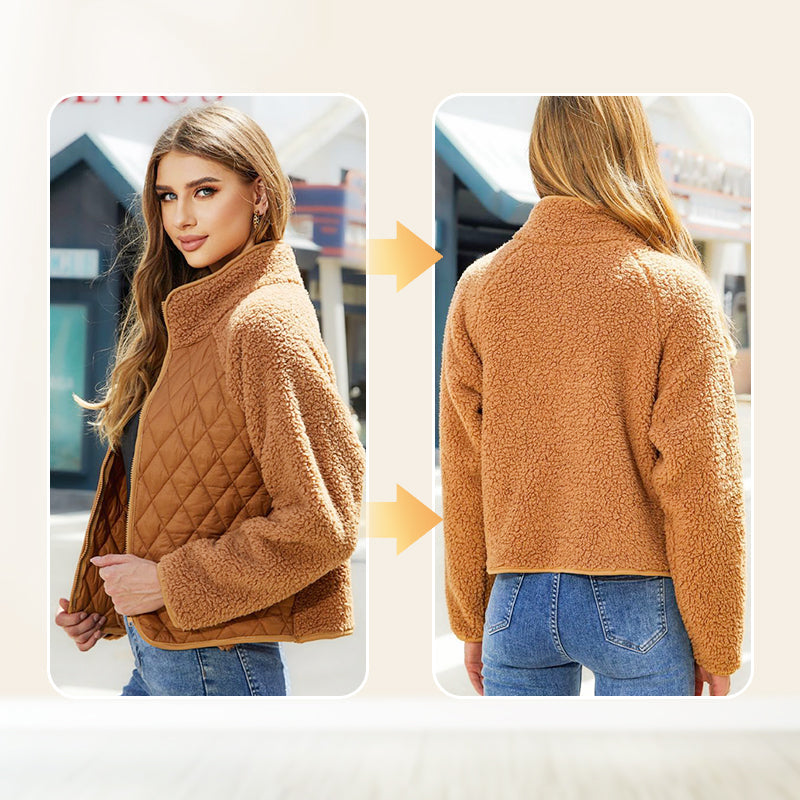 Plaid Jacket Women Embossed Plush Patchwork Stylish Outerwear