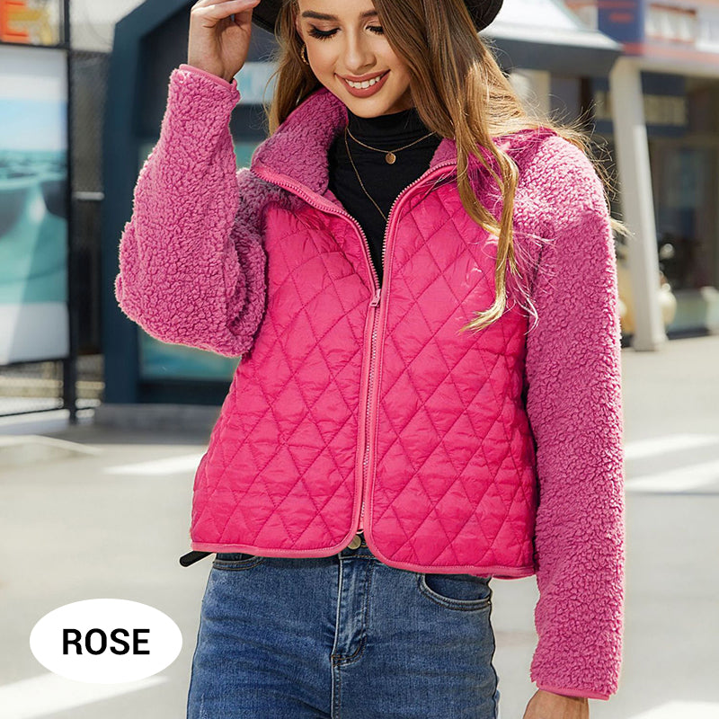 Plaid Jacket Women Embossed Plush Patchwork Stylish Outerwear