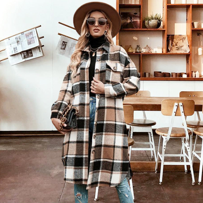 Women's Plaid Tweed Coat Long Sleeve Warm Stylish Outerwear
