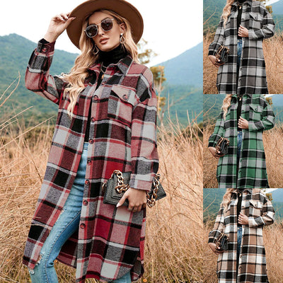 Women's Plaid Tweed Coat Long Sleeve Warm Stylish Outerwear